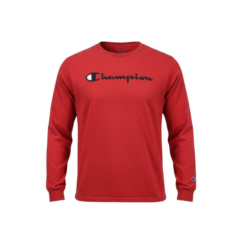 Champion Men's Long Sleeve T Shirt XL Red Script Logo Graphic Crew Neck Tee